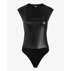 Express Body Contour Black Vegan Faux Leather Square Neck Bodysuit Small NEW